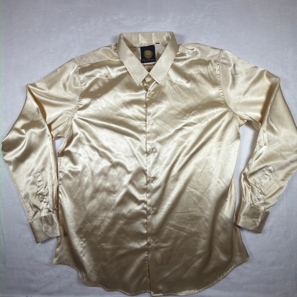 Platini Mens 2XL Champagne Gold Satin Long Sleeve Button Down Dress Shirt